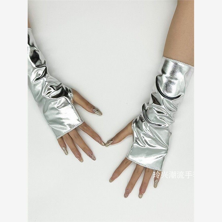 漆皮手套中长款无指半掌Y2K科技银色cos表演洛丽塔朋克少女童袖套