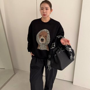 widelia老板娘秋冬新款卡通小狗印花圆领休闲加绒卫衣绒衫女8237