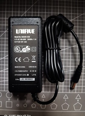 日本UNIFIVE优源科技DC12V3.8A电源适配器型号UIA345-1238显示器