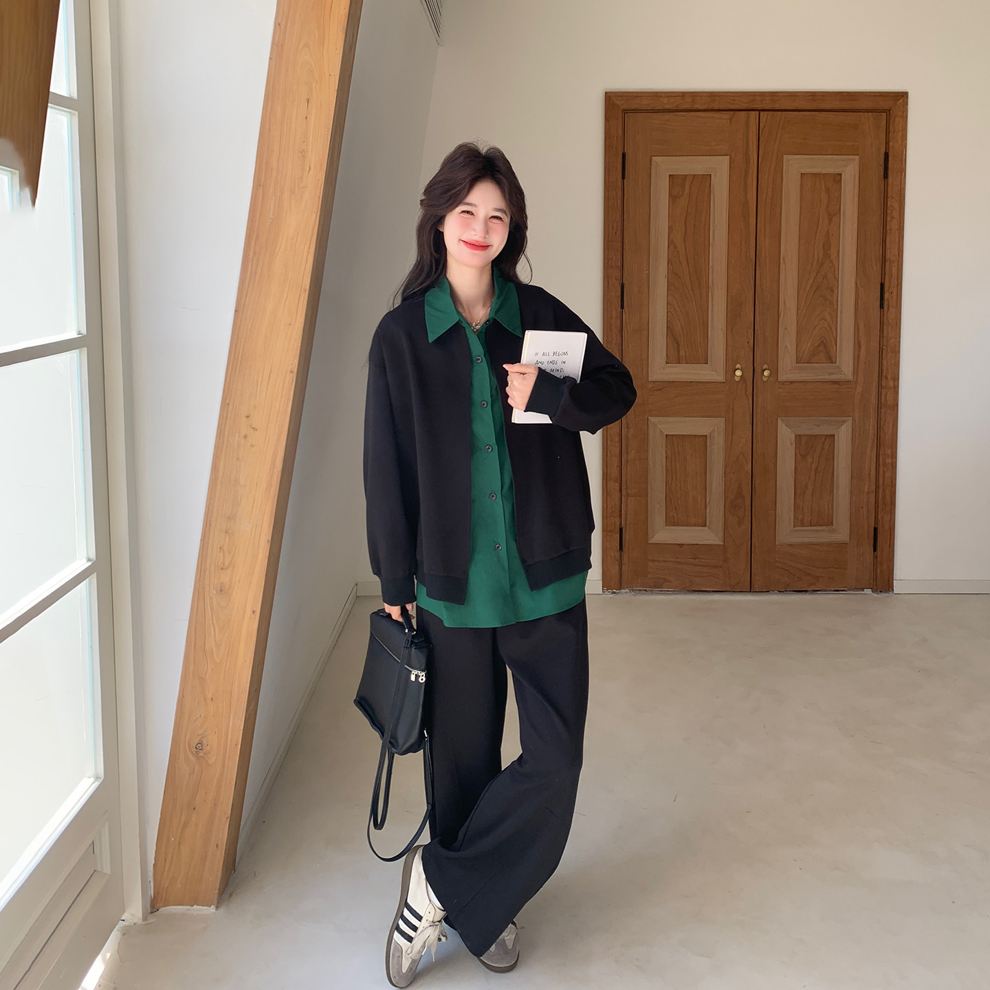 假两件针织拼接衬衫阔腿裤套装女春季2026新款今年流行爆款两件套