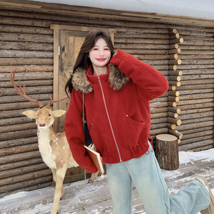 红色巨好看毛领毛呢羽绒服女冬季2025新款短款小个子90白鸭绒外套