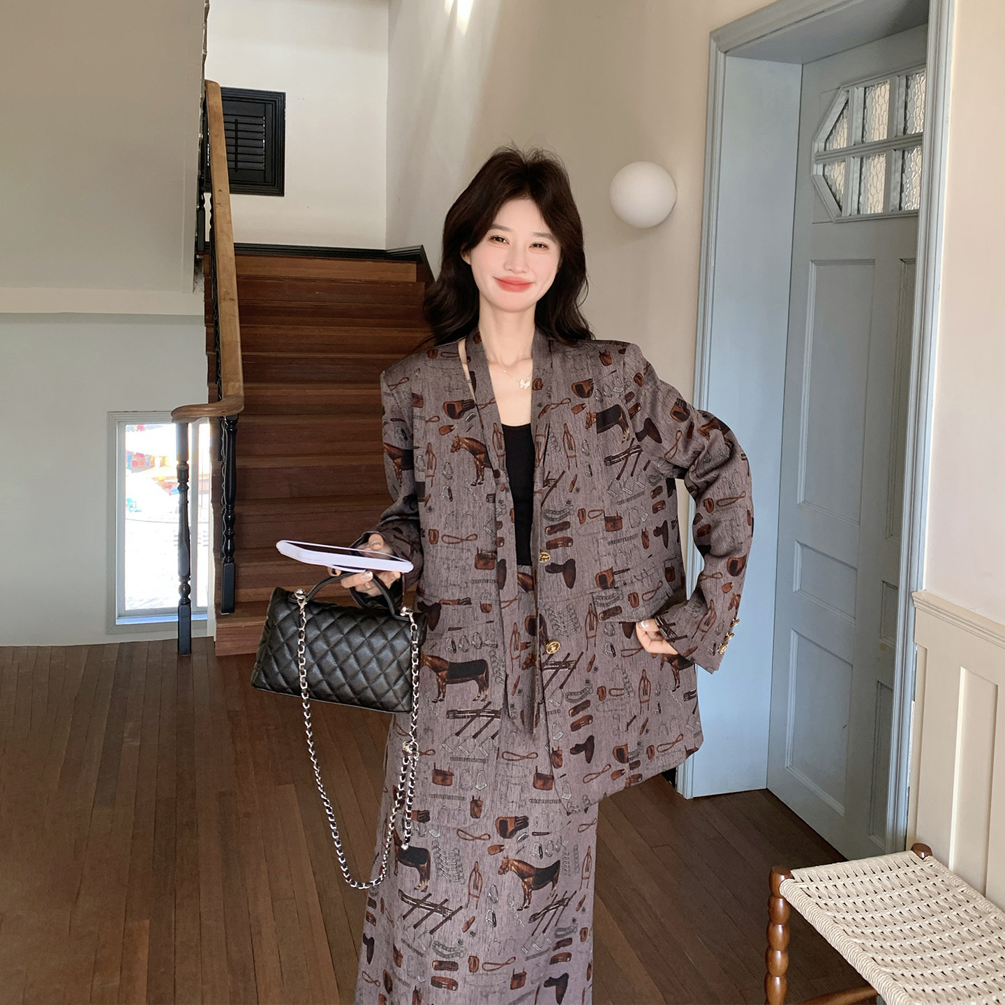 设计感复古印花咖色西装半身裙套装女春季2026新款流行爆款两件套,女装/女士精品,时尚套装,淘宝优惠券,粉丝福利购,淘宝优惠卷