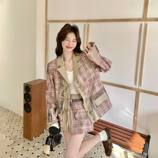 蕾丝拼接粉色格子西装短裙套装女春季2026新款小个子学院风两件套