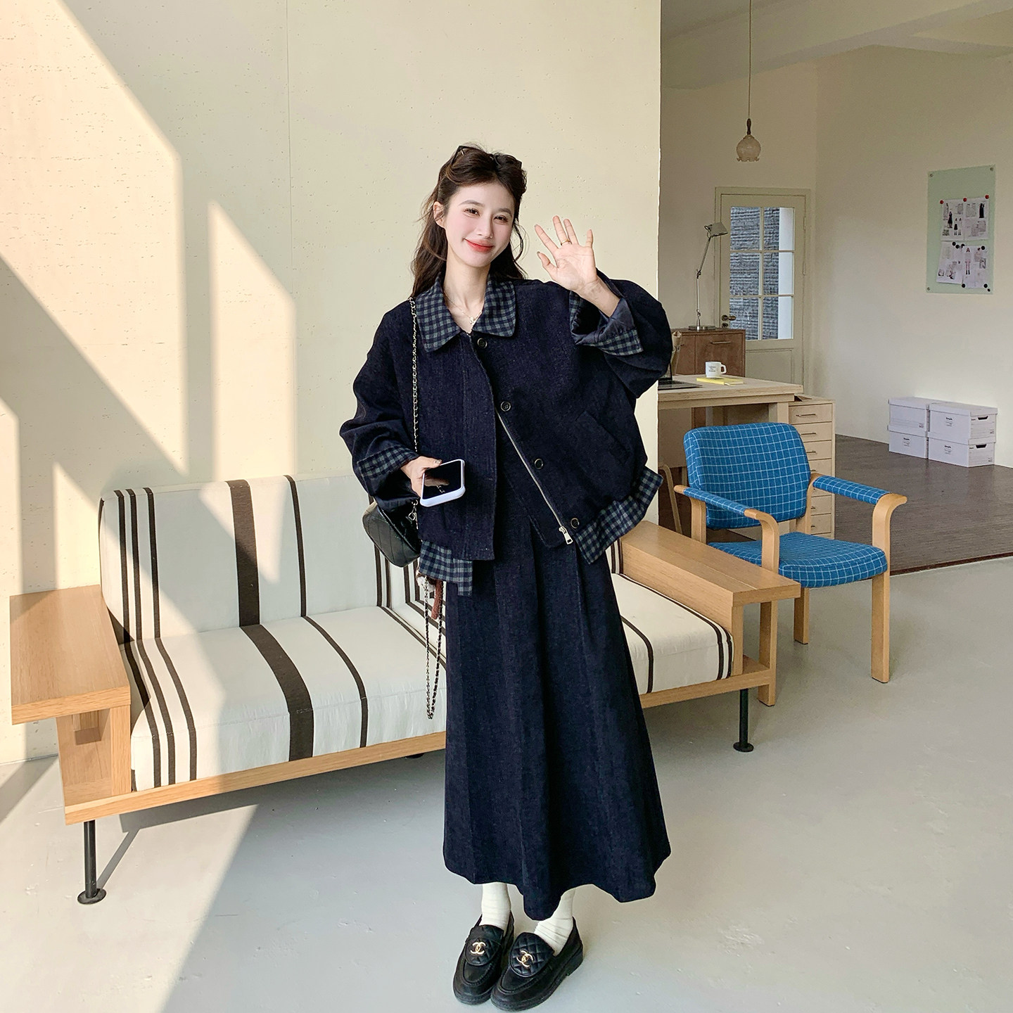 复古百搭格纹拼接牛仔上衣半身裙套装女春季2026新款巨好看两件套