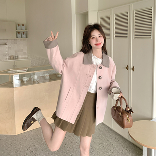 氛围感减龄撞色翻领粉色外套女春季2026新款中长款超火巨好看夹克