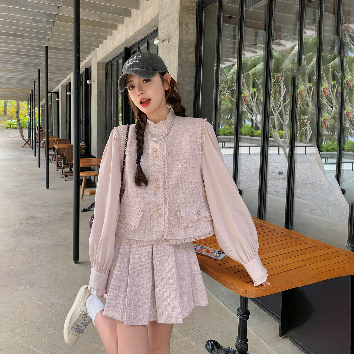 小香风粉色马甲衬衫套装裙女春季2026新款一整套ootd小个子三件套