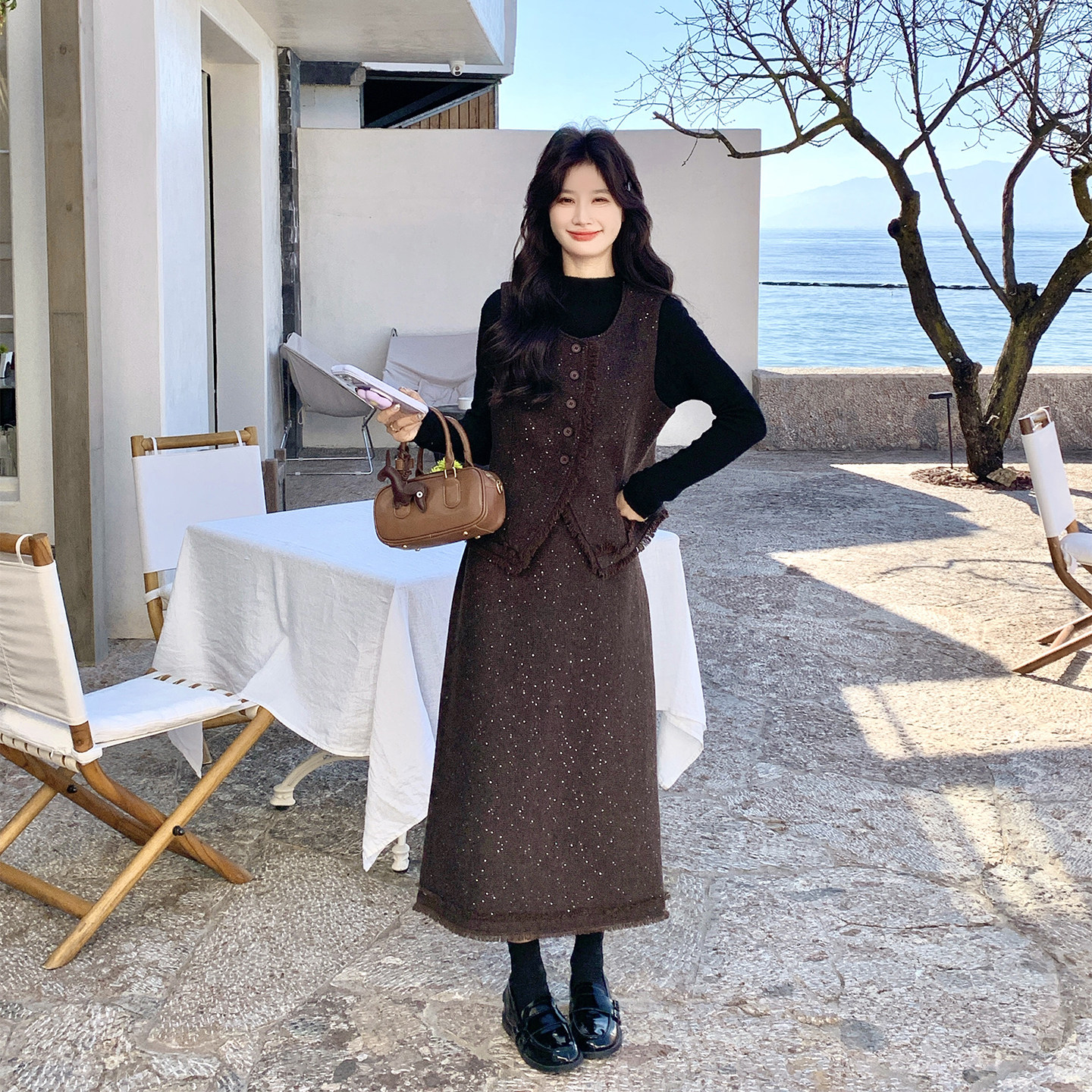 咖色亮片流苏马甲半身裙套装女春