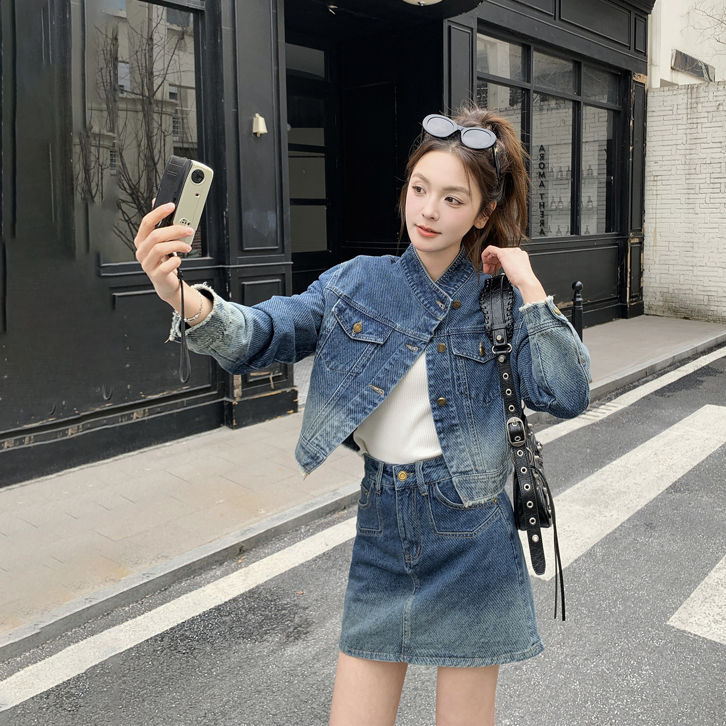 设计感渐变色牛仔立领套装女春季