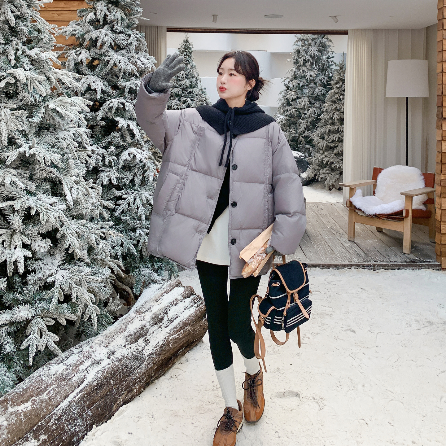 灰色可拆卸针织连帽慵懒风羽绒服女冬季2025新款90绒轻暖泡芙外套