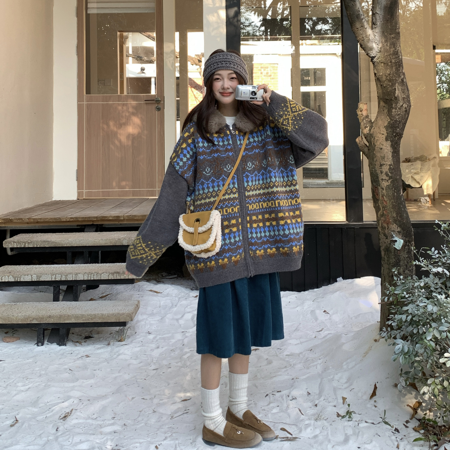 费尔岛风提花毛领连帽针织外套