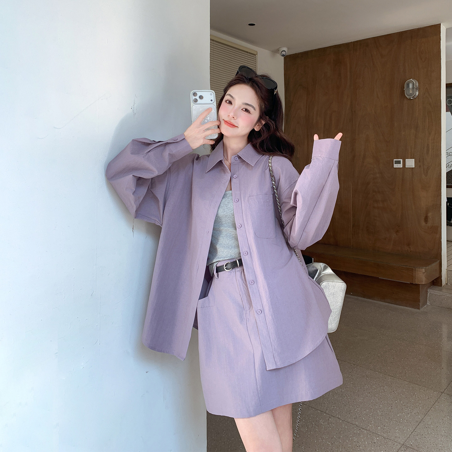 超好看紫色衬衫背心套装女春2026
