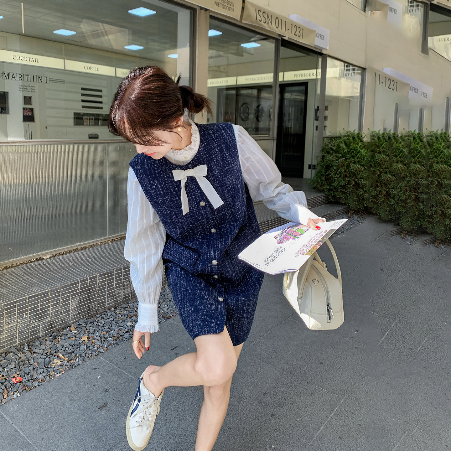 千金风蝴蝶结蓝色背心连衣裙套装