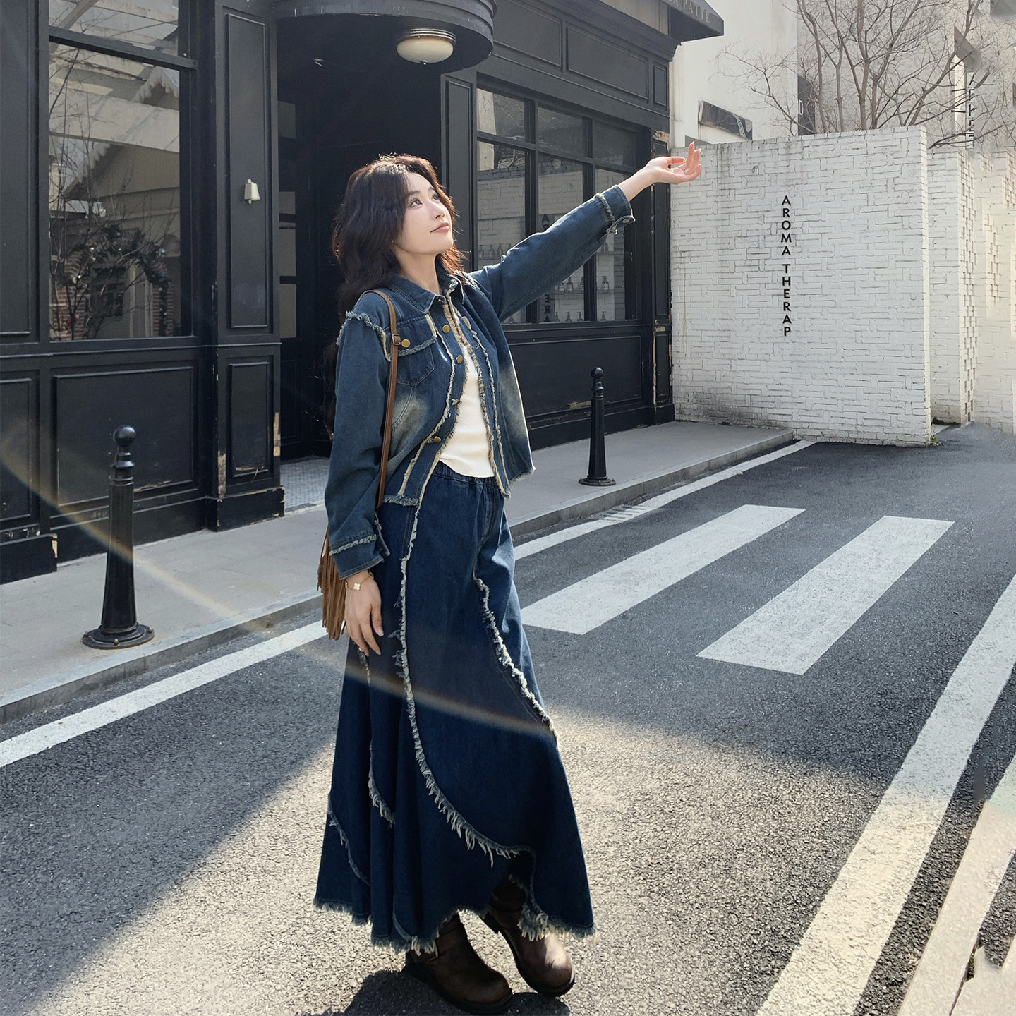 减龄超火ootd穿搭毛边牛仔套装女春季2026新款短外套半身裙两件套