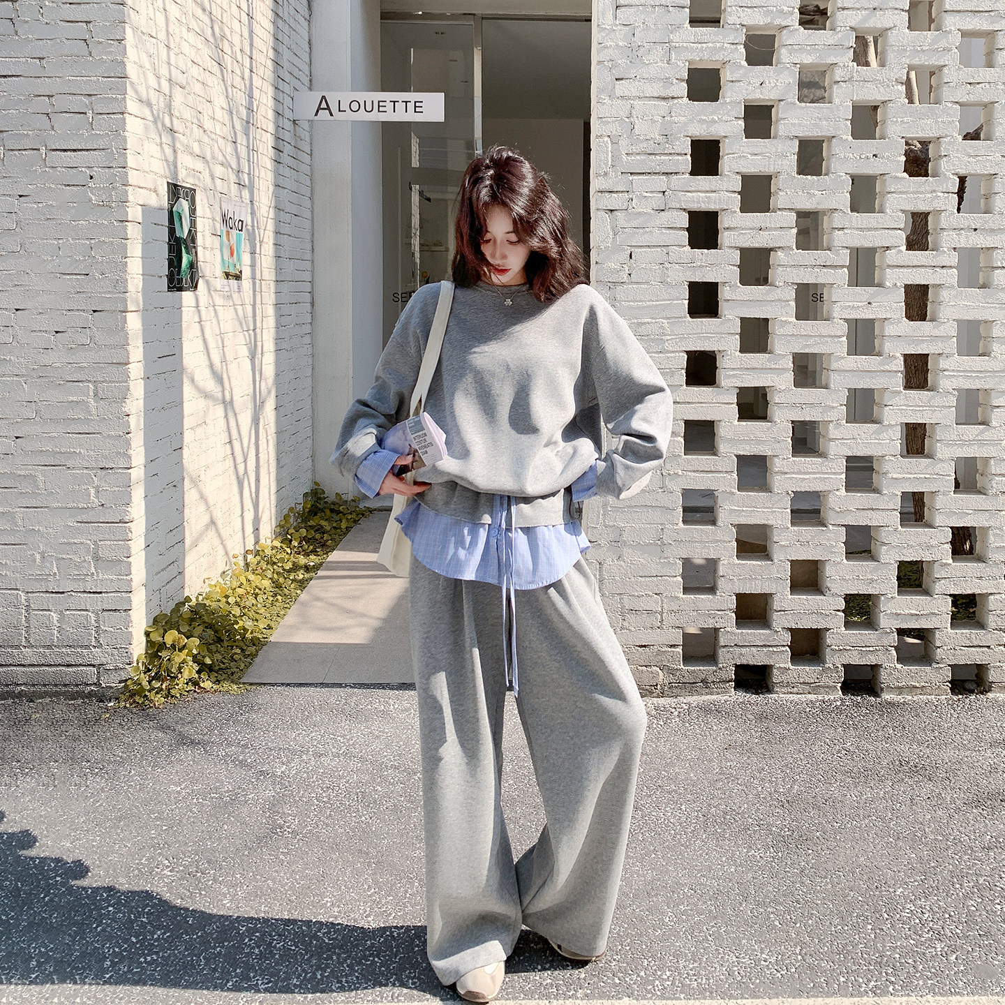 休闲运动格子拼接灰色卫衣套装女