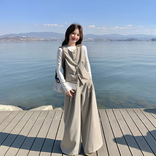 一整套韩系chic条纹马甲套装女春季2026新款气质T恤阔腿裤三件套