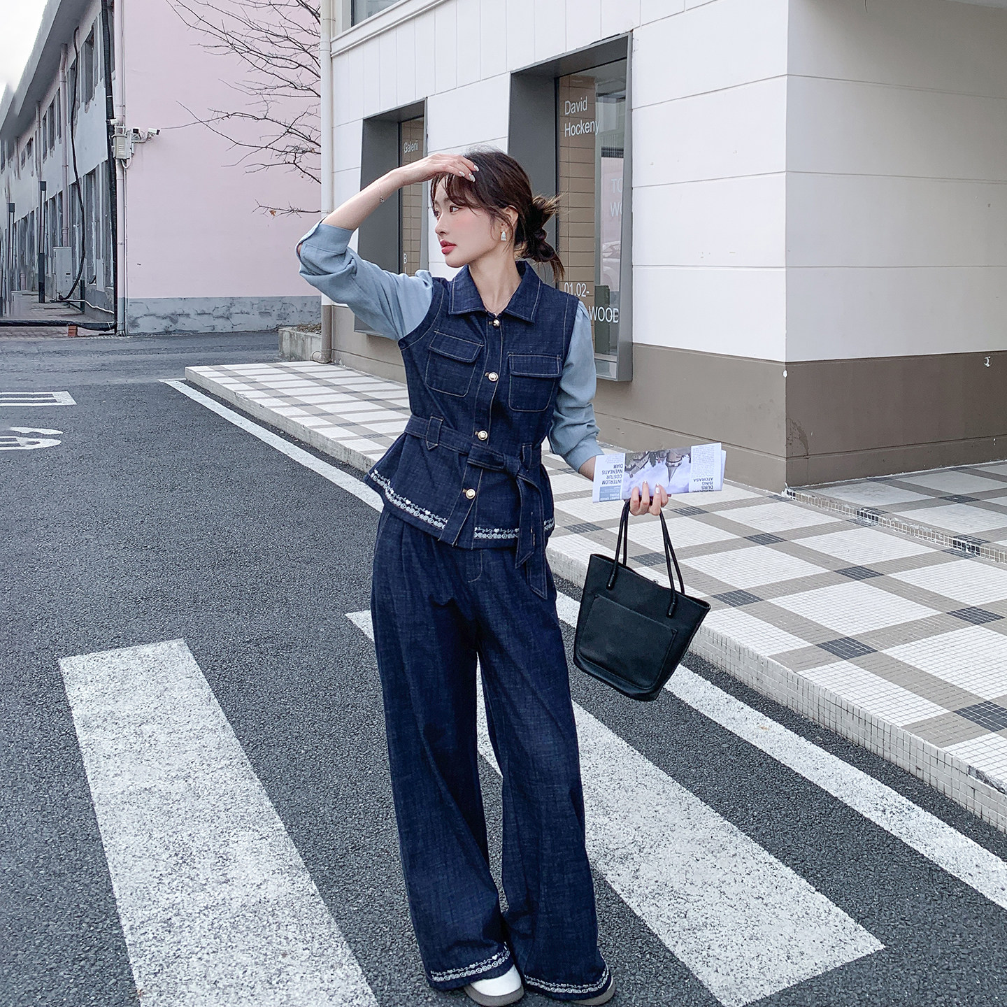 复古牛仔拼接收腰套装女春季2026新款爆款高级感上衣阔腿裤两件套