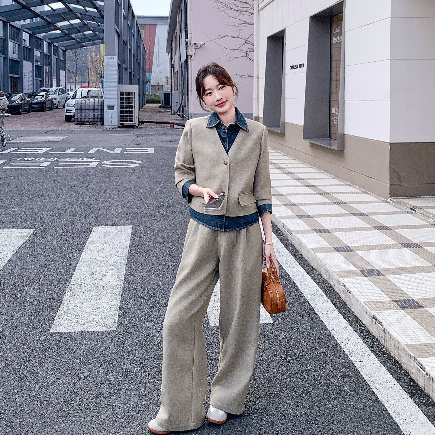 牛仔拼接超火减龄西装阔腿裤套装女春季2026新款ootd老钱风两件套