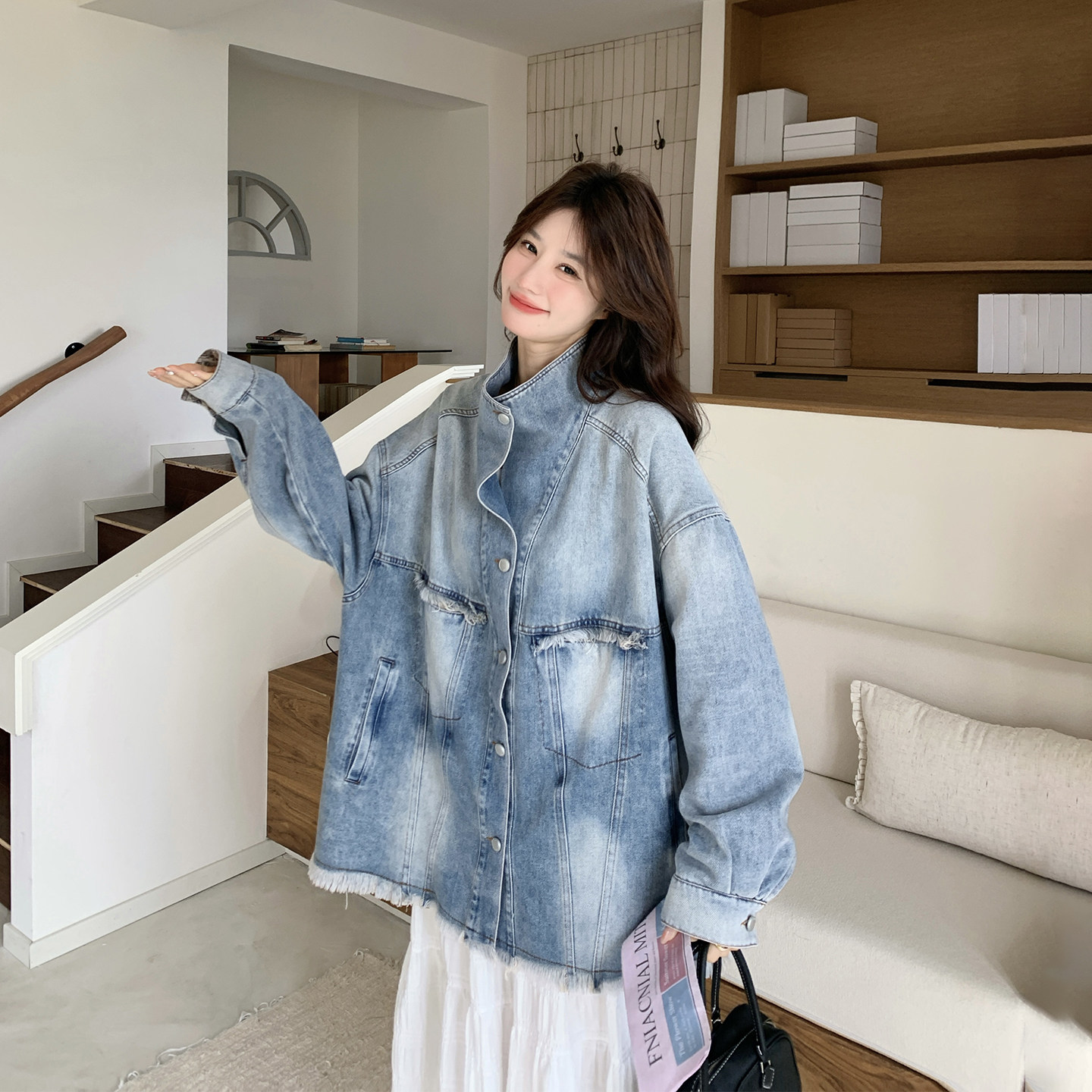 流苏复古蓝色牛仔外套女春季2026新款中长款今年流行爆款超火夹克