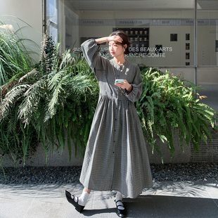 法式复古收腰格子连衣裙女春季2026新款学院风爆款巨好看衬衫长裙