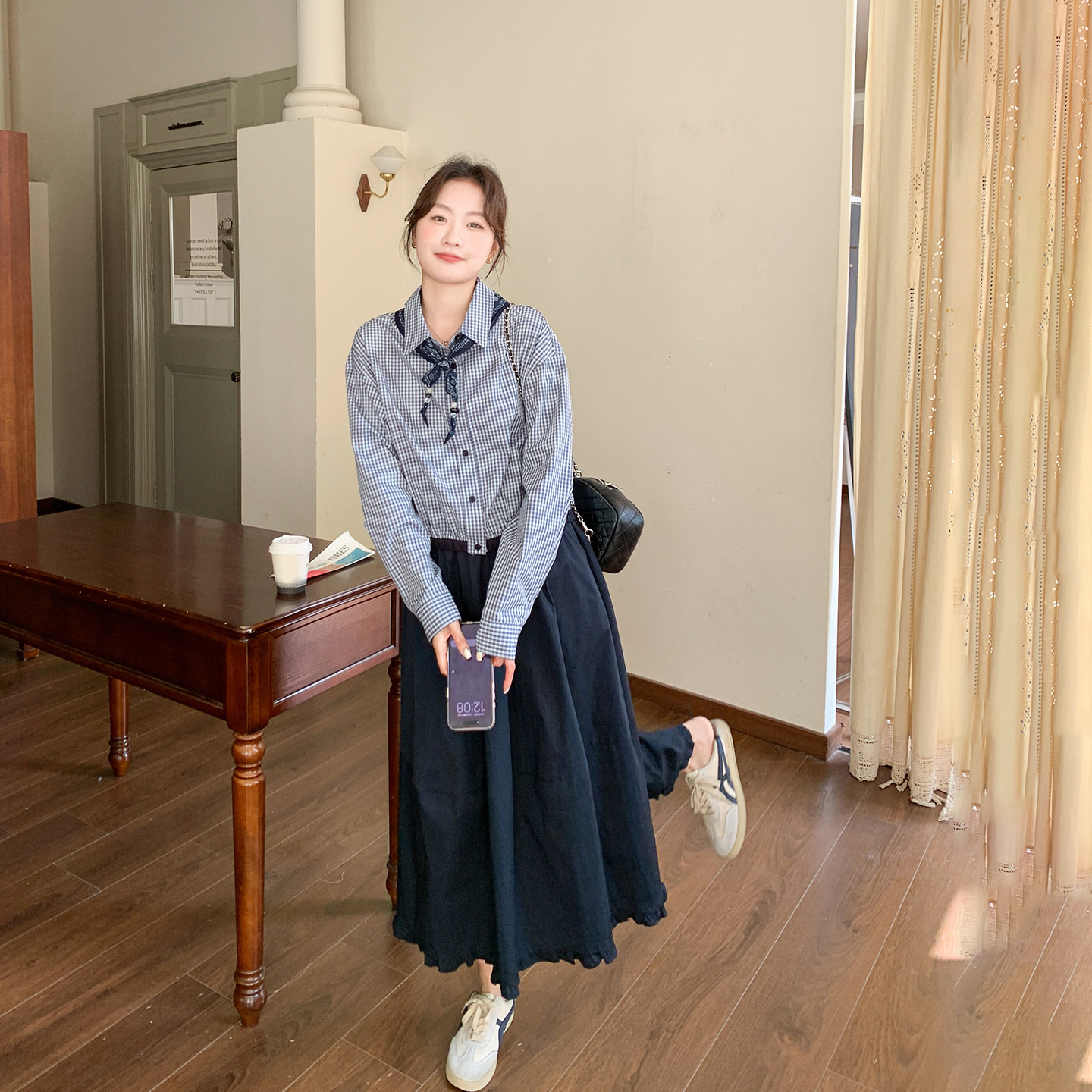 巨好看复古格子衬衫套装女春季2026新款百搭超火减龄半身裙两件套