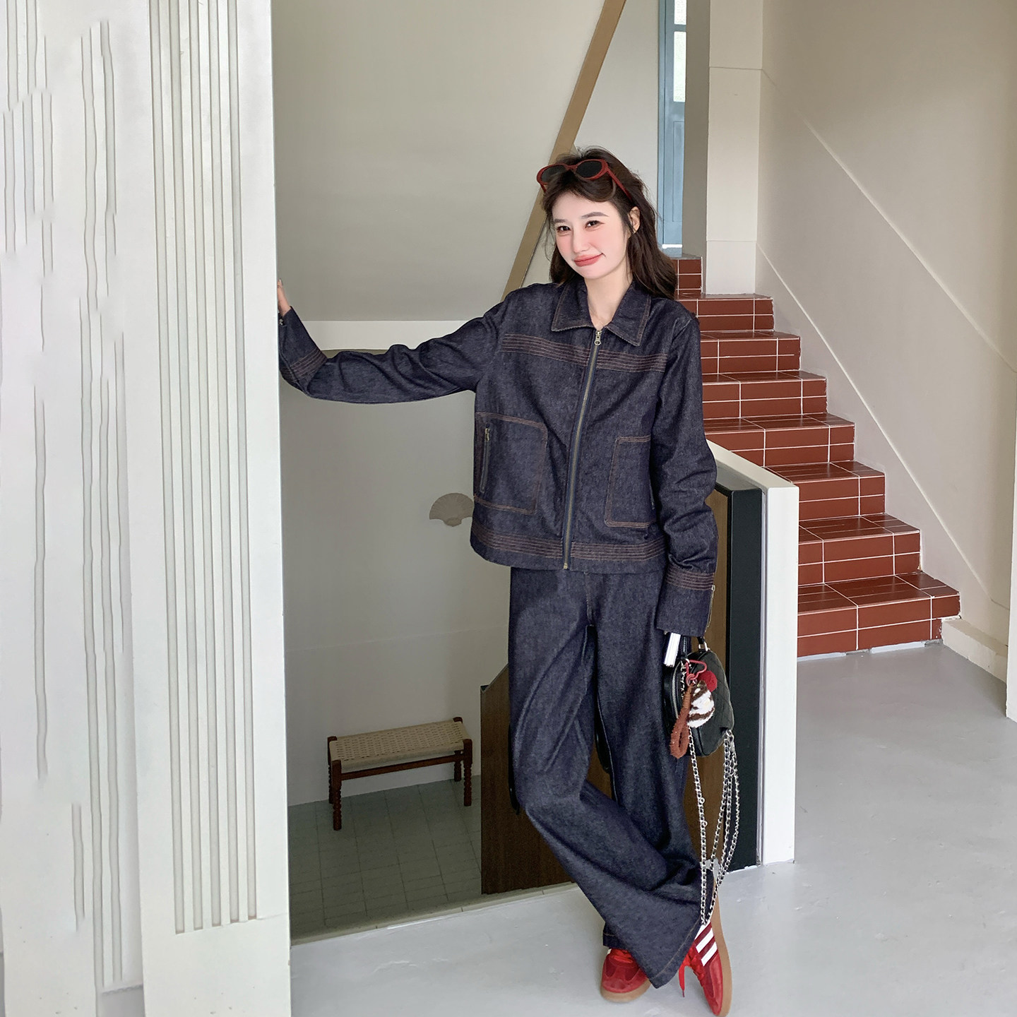 减龄气质复古深蓝色套装女春季2026新款爆款牛仔外套阔腿裤两件套,女装/女士精品,时尚套装,淘宝优惠券,粉丝福利购,淘宝优惠卷