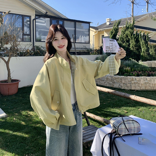 复古格纹拼接黄色外套女春季2026新款小个子独特漂亮超火夹克上衣