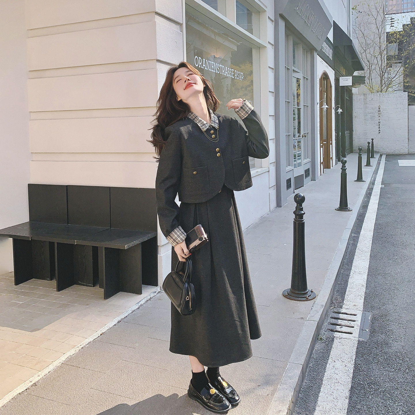 法式假两件格子拼接连衣裙套装女春季2026新款气质复古西装两件套