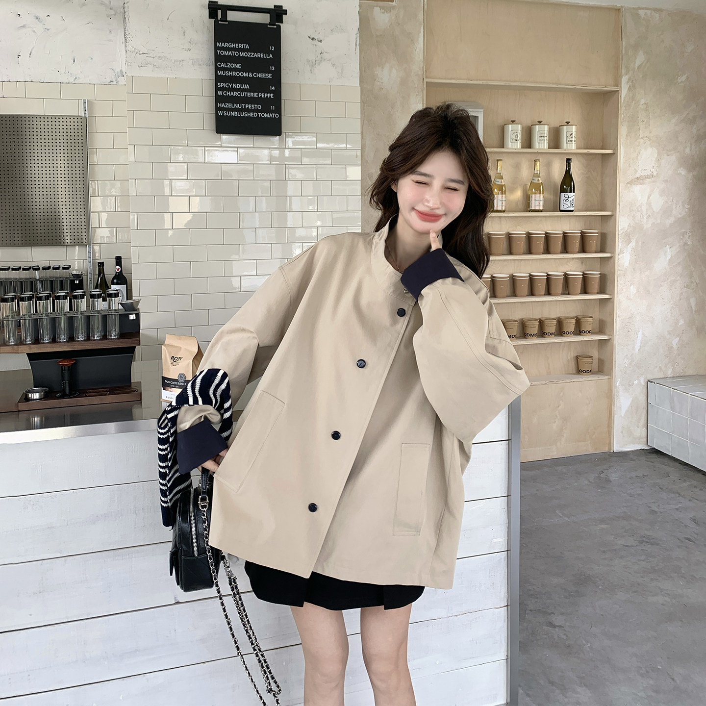 浅卡其色拼接立领外套女春季2026新款中长款大衣百搭今年流行爆款