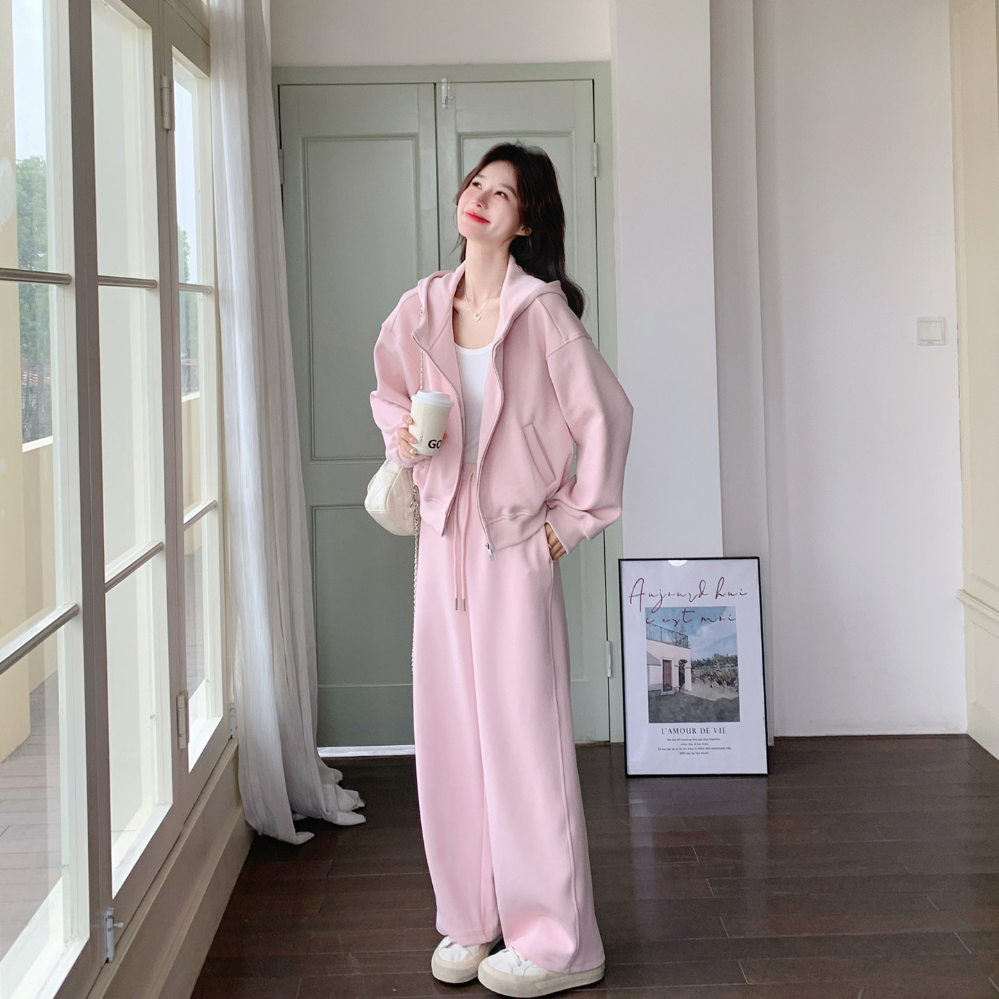 运动连帽粉色卫衣阔腿裤套装女春季2026新款斤年流行松弛感两件套