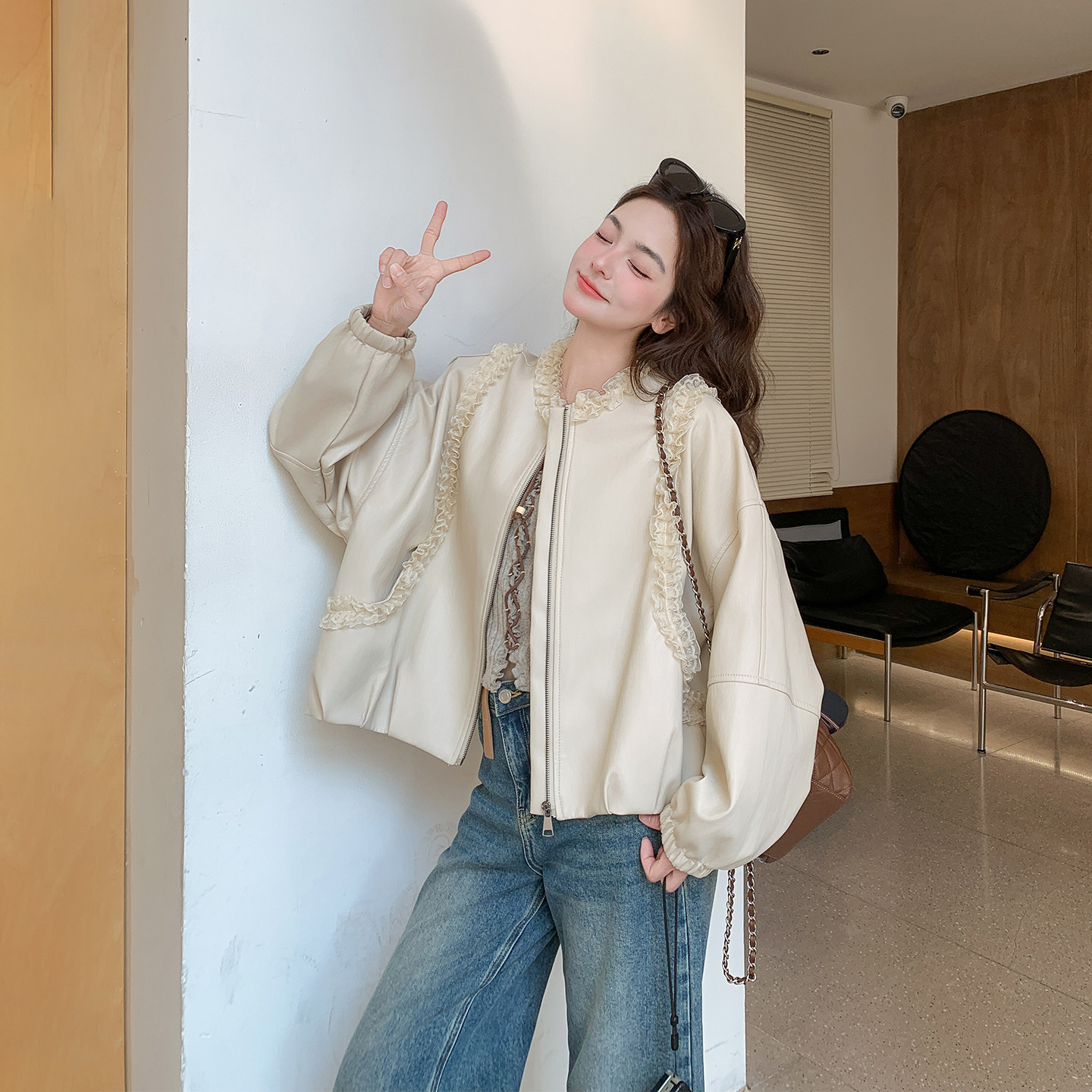 设计感少女减龄花边拼接皮衣外套女春季2026新款短款小个子PU夹克