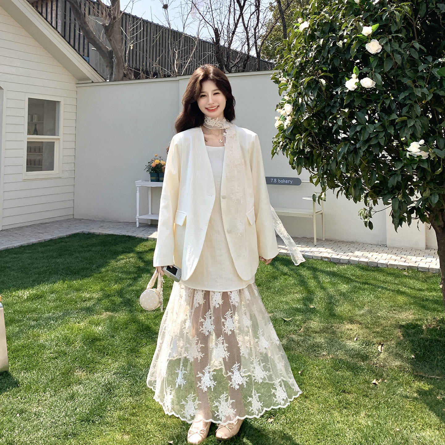 气质高级感蕾丝网纱吊带连衣裙套装女春季2026新款优雅西装两件套