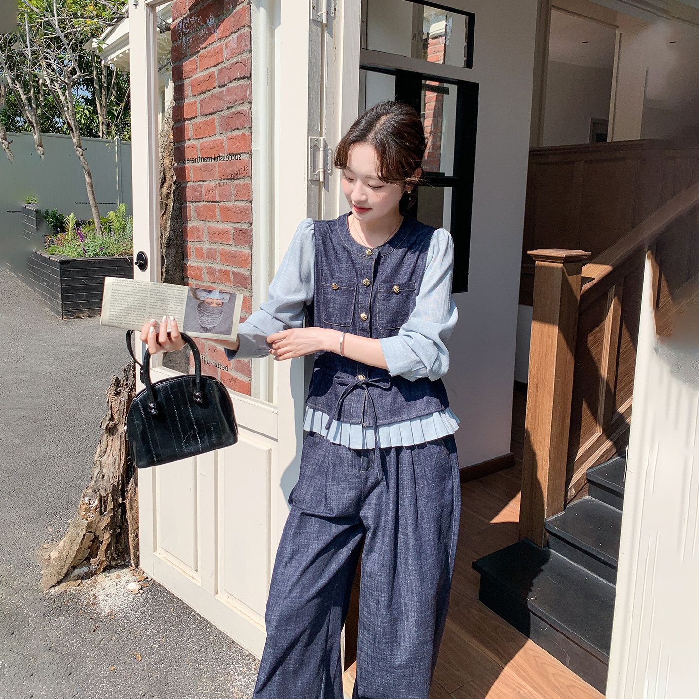 韩系假两件拼接牛仔上衣阔腿裤套装女春季2026新款ootd穿搭两件套