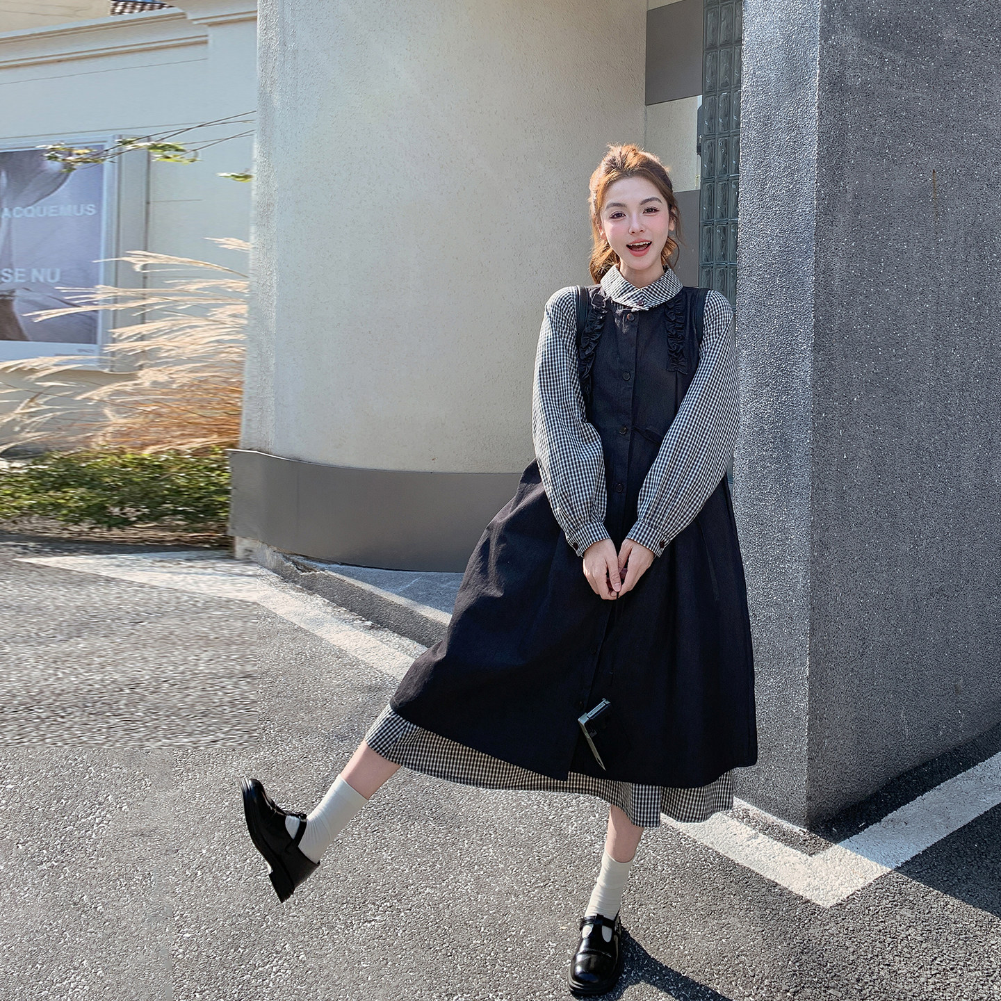 复古格纹衬衫裙叠穿背心连衣裙套装女春季2026新款减龄超火两件套