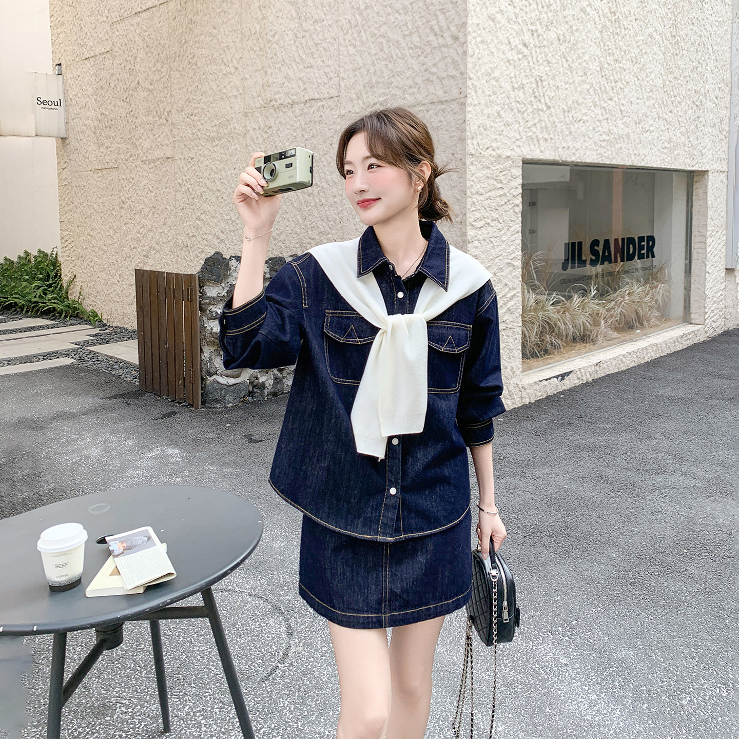 学院风休闲复古牛仔衬衫短裙套装