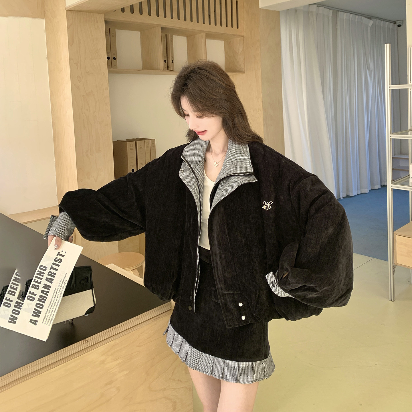 休闲复古学院风格子拼接套装女春季2026新款小个子夹克短裙两件套