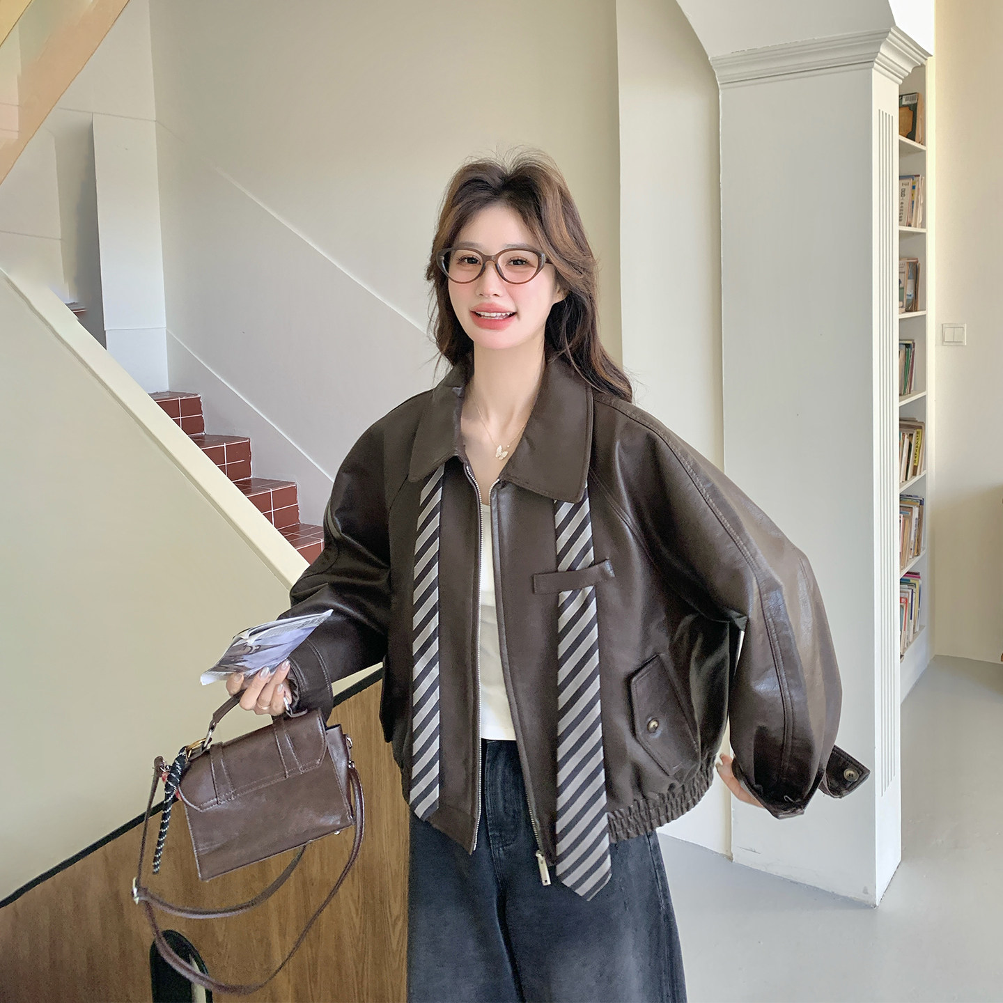 学院风超火复古咖色皮衣外套女春季2026新款小个子休闲港风PU夹克