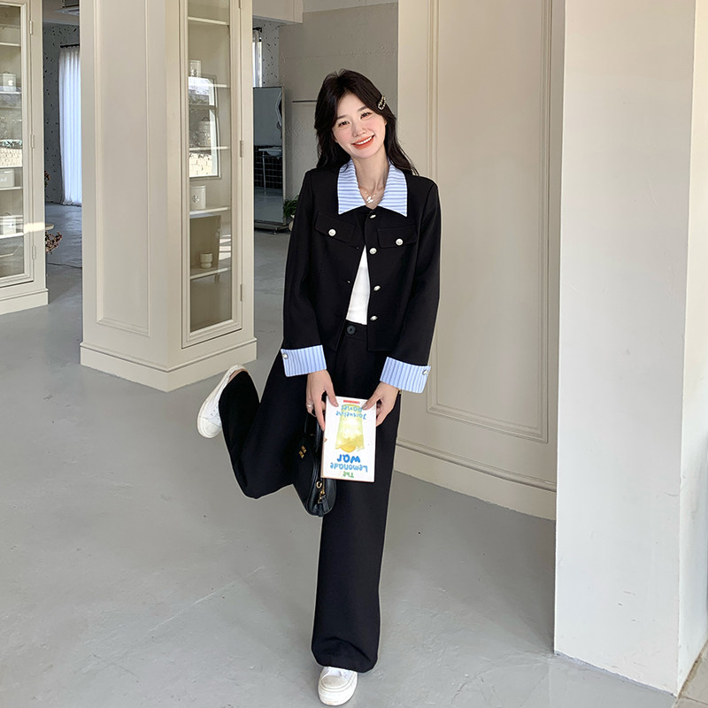 黑色条纹拼接西服套装女春季2025年新款一整套阔腿长裤气质两件套