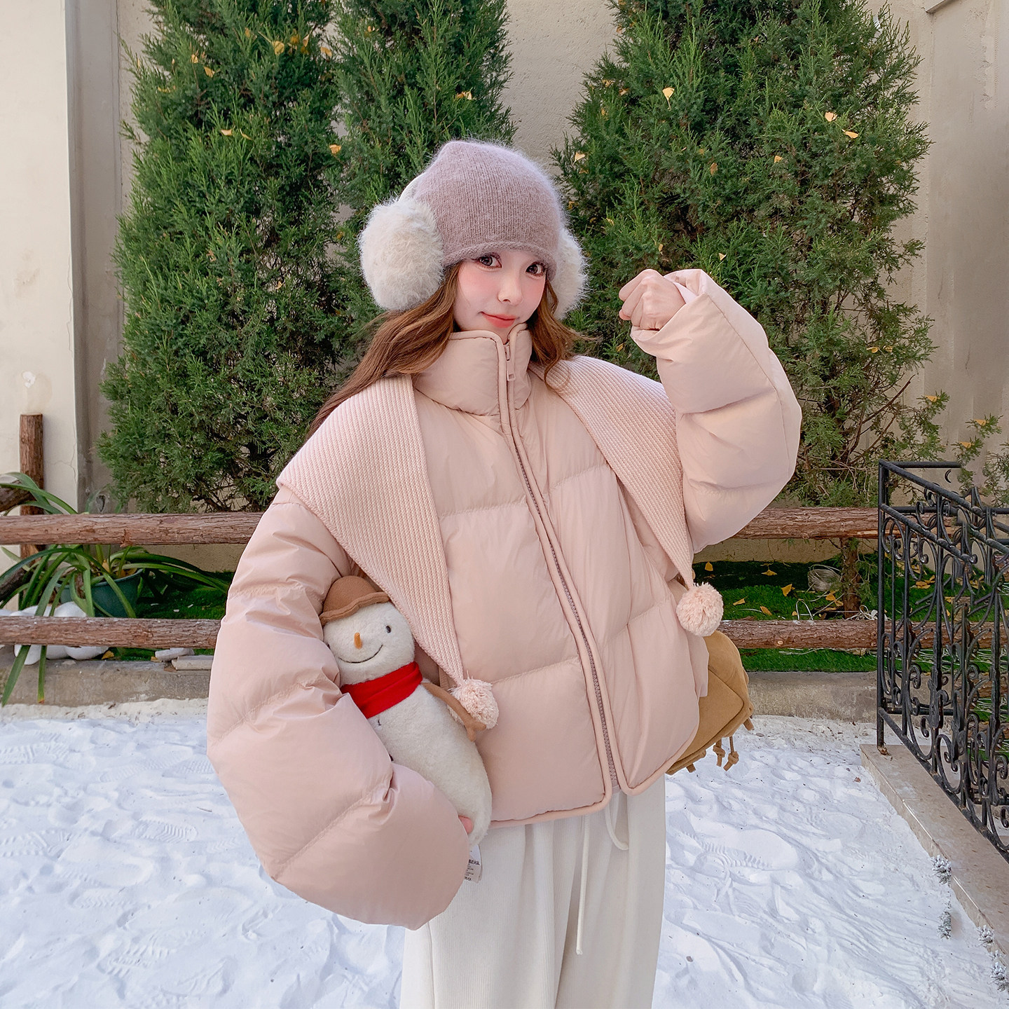 甜美粉色针织帽短款羽绒服女冬季2025新款加厚保暖小个子减龄外套