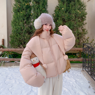 甜美粉色针织帽短款羽绒服女冬季2025新款加厚保暖小个子减龄外套