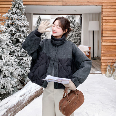 时尚毛呢拼接撞色小个子羽绒服女