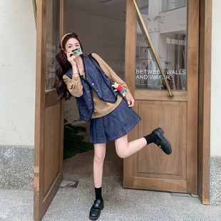 独特漂亮叠穿牛仔马甲衬衫百褶裙套装女春季2026新款小个子三件套