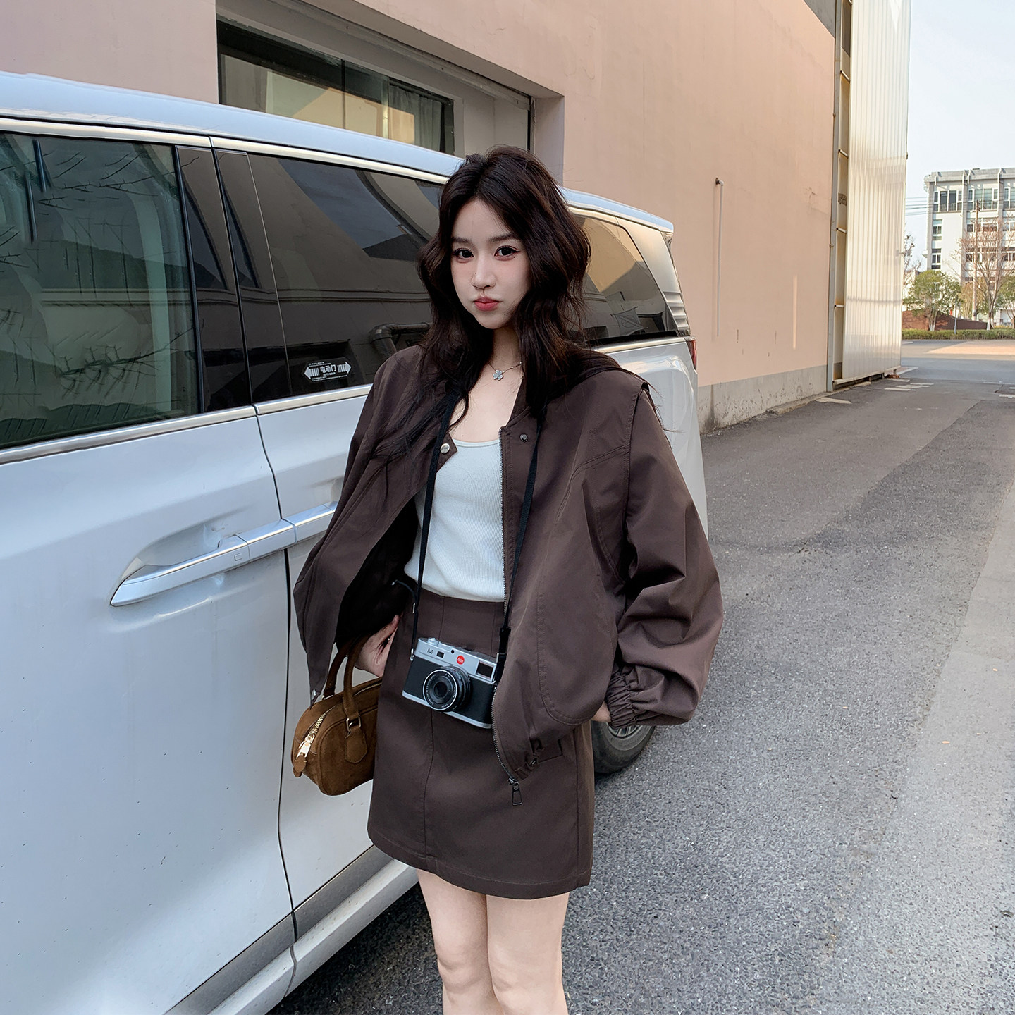 休闲气质慵懒风咖色减龄套装女春
