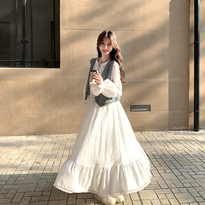 法式白色蕾丝拼接连衣裙套装女春