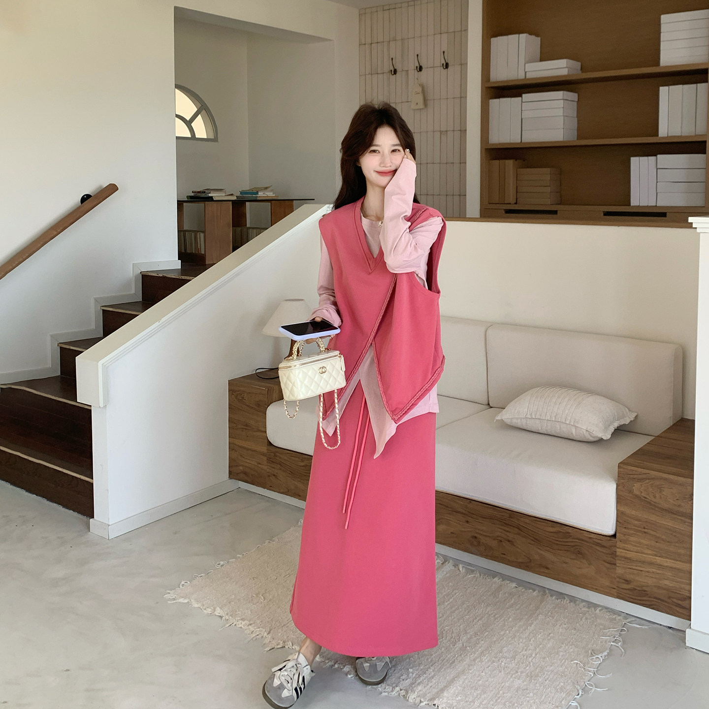 韩系一整套超火减龄粉色套装女春季2026新款马甲半身裙衬衫三件套