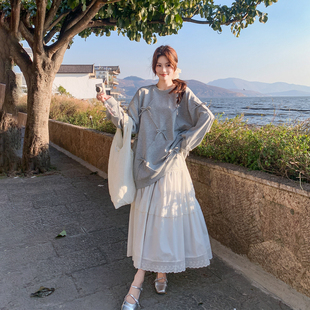 学院风蝴蝶结中长款灰色卫衣外套女春季2026新款减龄俏皮活泼上衣
