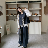 阔腿裤 气质韩版 三件套 2026新款 流行衬衫 高级感牛仔马甲套装 女春季