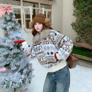 大毛领羊羔毛撞色羽绒服女冬季2025新款小个子设计感超好看短外套