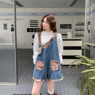 俏皮活泼少女感提花拼接牛仔背带裤套装女春季2026新款超火两件套