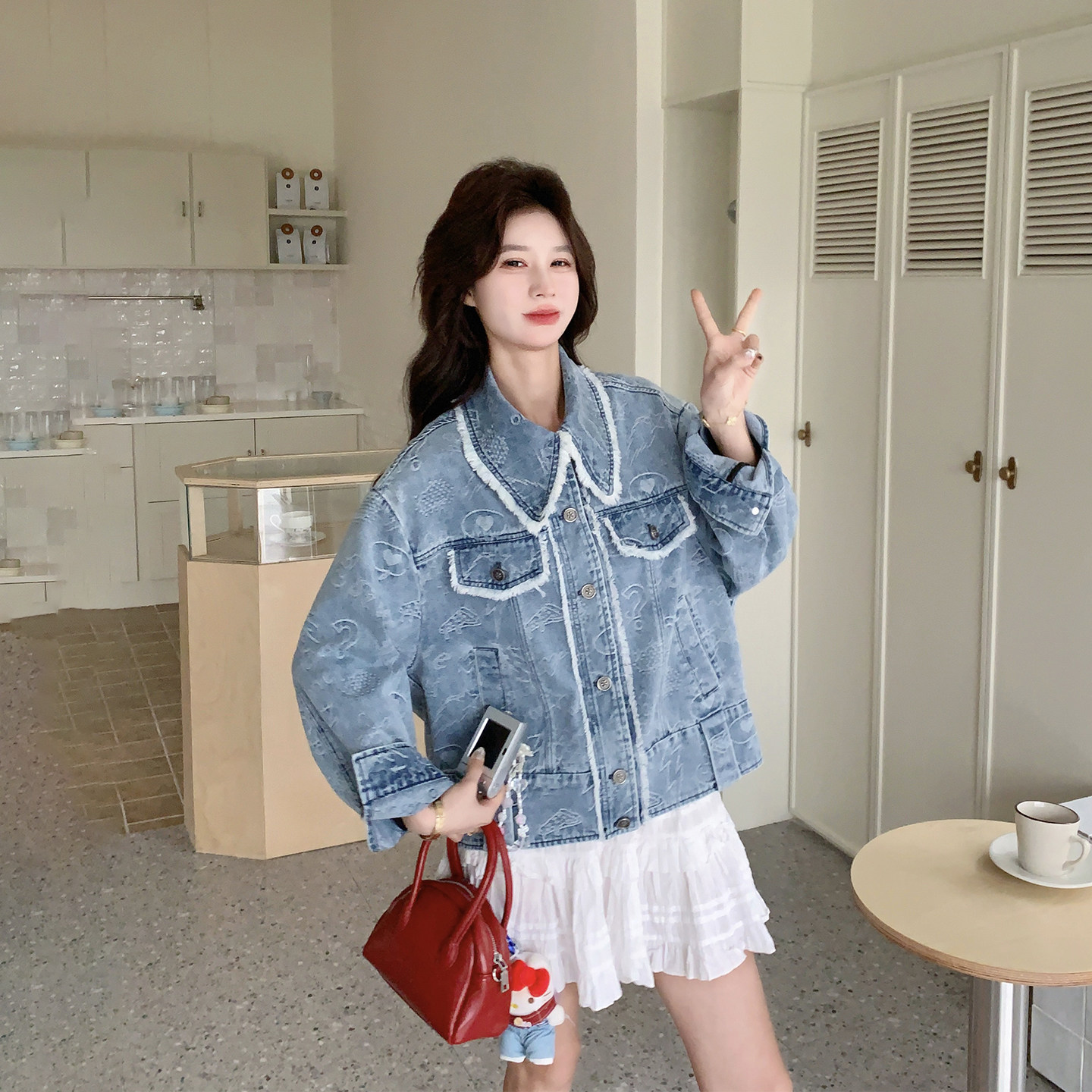 减龄提花蓝色涂鸦牛仔短外套女春季2026新款小个子爆款高级感夹克