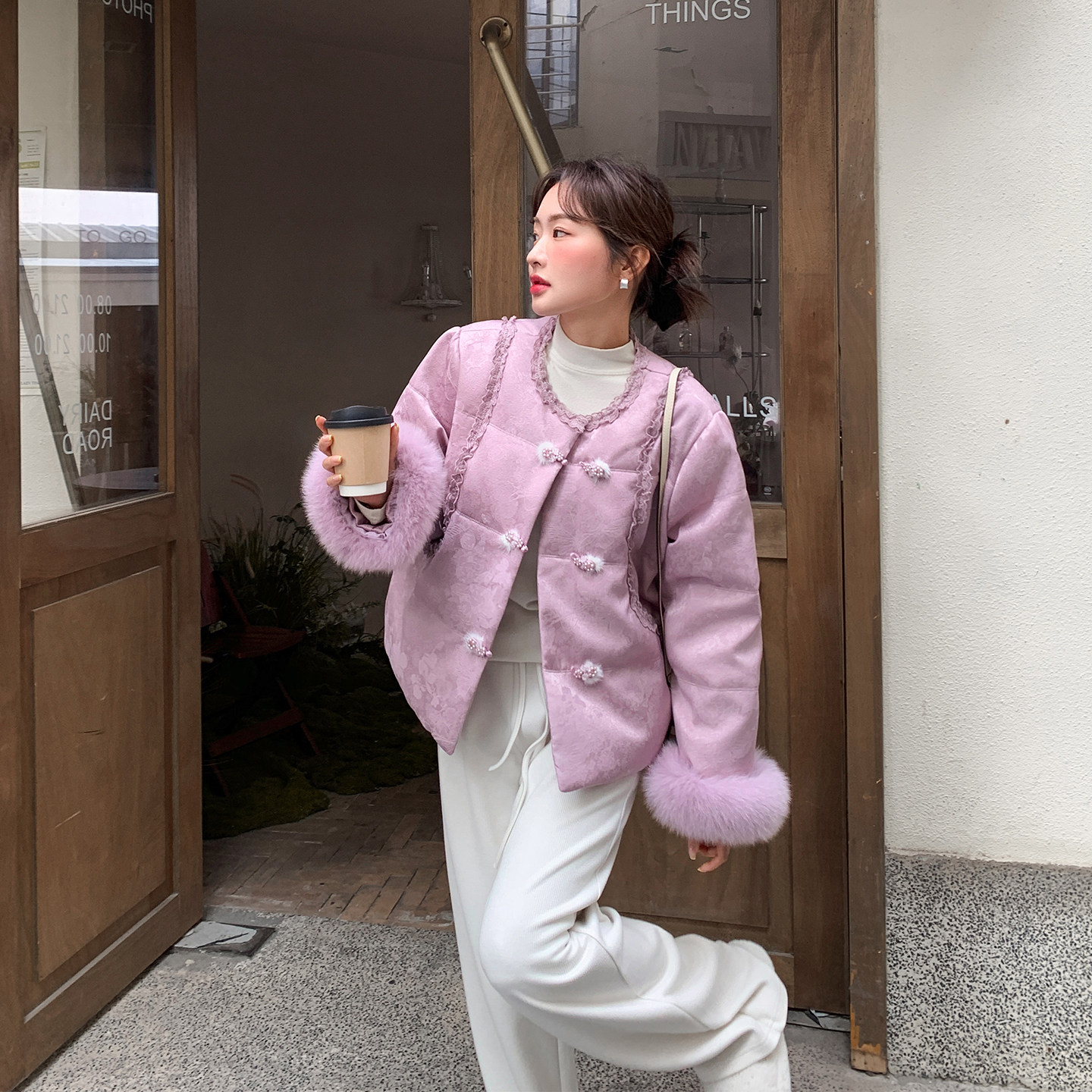 花边拼接紫色新中式国风90羽绒服女冬季2025新款漂亮小个子短外套